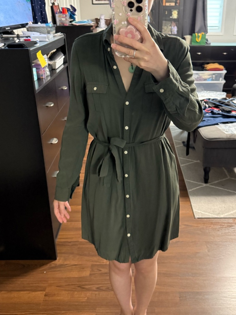 Old Navy Olive Green Long-Sleeve Shirt Dress with Tie Waist